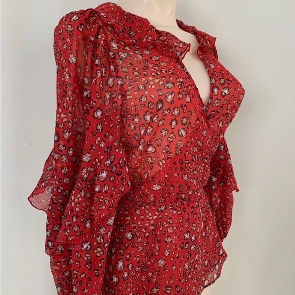 Zara Red Animal Print Sheer Flowy Ruffle Trim Wrap Blouse Top sz Small - Picture 6 of 8